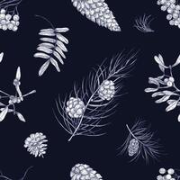 Monochrome seamless pattern with parts of winter plants - mistletoe, branches of coniferous trees, cones, berries and leaves of rowan tree. illustration for wallpaper, fabric print, backdrop. vector