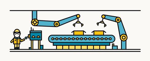 Belt conveyor equipped with robotic arms conveying cardboard boxes and industrial worker in hard hat standing and controlling production process. Colorful illustration in line art style. vector