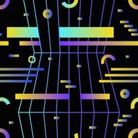 Retro futuristic seamless pattern with gradient colored horizontal stripes, rings and circles on black background. illustration in hipster style for wrapping paper, textile print, backdrop. vector