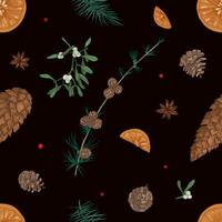 Hand drawn seamless pattern with parts of Christmas plants on black background - mistletoe, branches of coniferous trees, cones, orange slices, star anise. illustration for wrapping paper vector
