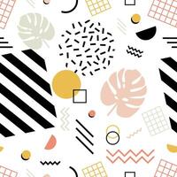 Seamless pattern with exotic monstera leaves, geometric shapes of various texture and zigzag lines on white background. illustration in 1980s style for fabric print, wrapping paper. vector