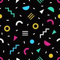 Trendy seamless pattern with small bright colored geometric shapes and lines on black background. Colorful simple backdrop. illustration in cool 1980s style for textile print, wrapping paper. vector