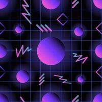 Retro futuristic seamless pattern with glowing gradient colored circles and lines against dark checkered background. illustration in trendy style for wrapping paper, textile print, wallpaper. vector