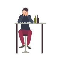 Sad man with closed eyes sitting at bar and drinking shots. Male cartoon character with alcohol addiction isolated on white background. Alcoholic or dipsomaniac. Flat colorful illustration. vector