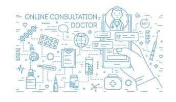 Hand holding mobile phone with internet messages from doctor on screen drawn with blue line on white background. Medical online consultation. Banner in lineart style. Monochrome illustration. vector