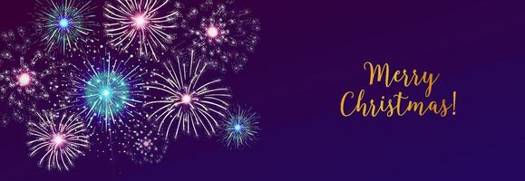 Horizontal web banner with fireworks displaying in dark evening sky and Merry Christmas holiday wish. Xmas celebration, festive breathtaking pyrotechnics show. Bright colored illustration. vector