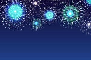 Horizontal blue background with fireworks displaying in dark evening sky. Backdrop decorated with glittering lights. Festival celebration, eye-catching pyrotechnics show. Colorful illustration. vector