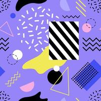 Colorful modern seamless pattern with lines and shapes of various texture on purple background. Trendy abstract backdrop. Stylish illustration for textile print, wallpaper. vector