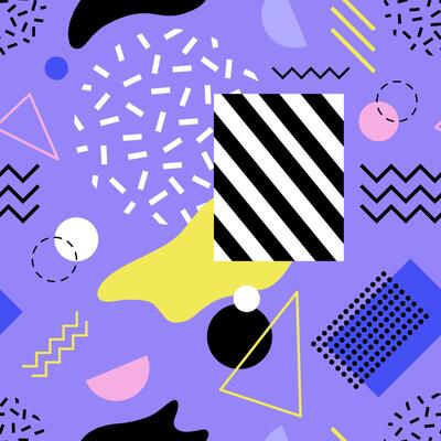 Colorful modern seamless pattern with lines and shapes of various texture on purple background. Trendy abstract backdrop. Stylish illustration for textile print, wallpaper.