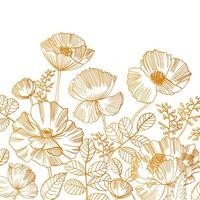 Beautiful square backdrop with blooming poppy flowers and leaves at bottom edge hand drawn with golden contour lines on white background. Gorgeous floral decoration. Botanical illustration. vector