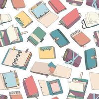 Seamless pattern with colorful notepad, notebook, diaries, sketchbooks hand drawn on white background. Backdrop with paper books or pads for writing notes. illustration for wallpaper. vector