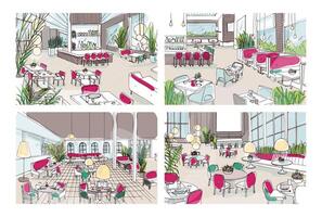 Bundle of colorful sketches of restaurant or bistro interiors with modern furnishings. Collection of colored freehand drawings of cafe or bar furnished in elegant style. illustration. vector