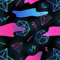 Trendy retro futuristic seamless pattern with outlines of polygonal shapes, gradient colored stains and zigzag lines on black background. illustration in 1990s style for wallpaper, backdrop. vector