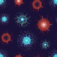 Seamless pattern with festive fireworks displayed in evening sky. Spectacular pyrotechnics show during holiday celebration. illustration for wallpaper, textile print, wrapping paper, backdrop. vector