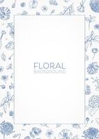 Elegant decorative floral frame or border with blooming garden flowers hand drawn with blue contour lines and place for text in center. Botanical illustration for greeting card, invitation. vector