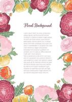 maravilloso floral antecedentes con vistoso floreciente ranúnculo y sitio para texto en centro. marco consistía de elegante jardín flores y hojas. natural ilustración para póster, invitación. vector