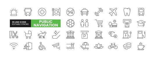 Set of 36 Public Navigation line icons set. Public Navigation outline icons with editable stroke collection. Includes Taxi, Education, Barber, Internet, Disablity, and More. vector