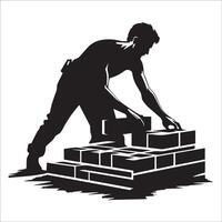 A builder laying bricks with precise hand movements and concentration illustration in black and white vector