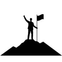 A man with a flag top of the mountain silhouette isolated white background vector