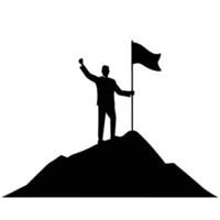 A man with a flag top of the mountain silhouette isolated white background vector