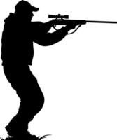 black silhouette of a hunter with a gun without background vector