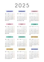 English vertical calendar 2025 year. stationery calendar week starts Monday. Yearly organizer. Simple calendar template in minimal design. Business illustration. vector