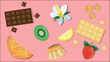 Background with chocolate bars, pudding, fruit and berries for any design and shape. vector