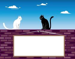 black and white cat. Two cats, black and white, are sitting on a brick wall. Clouds are floating in the sky. There is a board on the wall for any cute message. vector