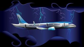 A plane flies in the sky in dark clouds during a thunderstorm, lightning flashing from all directions vector