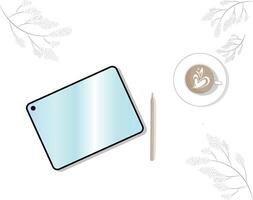 tablet computer with a cup of coffee. The tablet for work, drawing, designing, modeling at any time and in any place is convenient and comfortable. vector