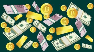 Lots of stacks of dollars, stacks of euros, bitcoin coins. Different currencies in large quantities. Background of different kinds of currencies. vector