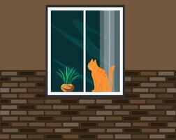 window and a cat. The brick wall of the house in a cozy shade is pleasing to the eye. In the window you can see a ginger cat and a flowerpot. vector