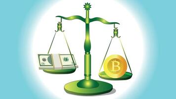The scales are weighing the dollar and bitcoin, which weighs more heavily now in the world of economics. vector