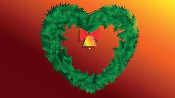 A heart-shaped Christmas wreath on the door with a bell and a red bow on it. Merry Christmas and Happy New Year. vector