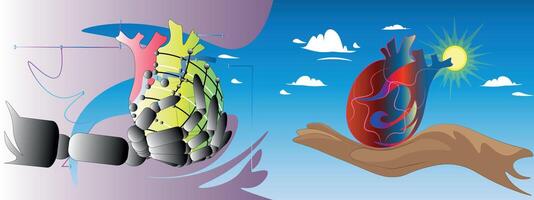 robot heart and a human heart. The human heart creates the world and creates beauty and life itself. Technology is only as an assistant on the path of development. Game, books, mind, medicine, future. vector