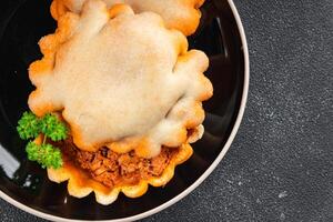 fish pie dish savory pie seafood fresh cooking meal food snack on the table copy space food background rustic top view photo