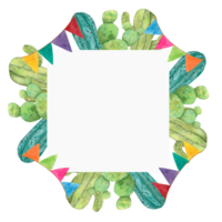 Square template frame with cacti and paper flags Cinco de Mayo. Hand drawn colorful watercolor clipart. Design in geometrical form for cards, invitations, flyers png