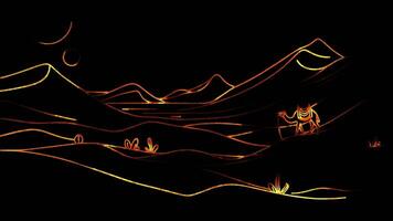 Neon frame effect Sahara Desert sand dunes and a camel caravan, black background. video