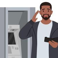Man with empty pockets or wallet standing near cash machine. vector