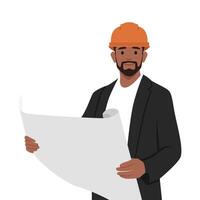 Young architect builder studying layout plan of the rooms. vector