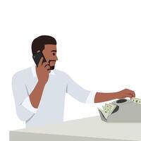 Young bearded man using banknote counter and talking on phone with client. vector