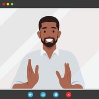 Confident businessman is sitting at table with laptop and looking at camera recording. vector