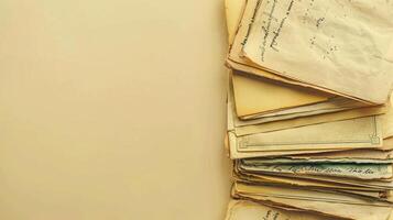 Stack of vintage letters on a pale yellow background with ample copyspace, evoking nostalgia and charm photo