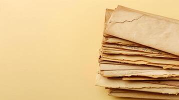 Artistic stack of vintage letters on a pale yellow background with generous copyspace photo
