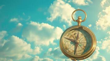 Elegant old compass on a serene sky blue background, ideal for creative copyspace photo