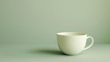 Ceramic tea cup on a light sage green background with ample copyspace, minimalist design photo