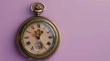 Old pocket watch on a soft lilac background with ample copyspace, perfect for creative projects photo