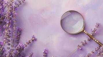 Antique magnifying glass on a light lavender background with ample copyspace, vintage design photo