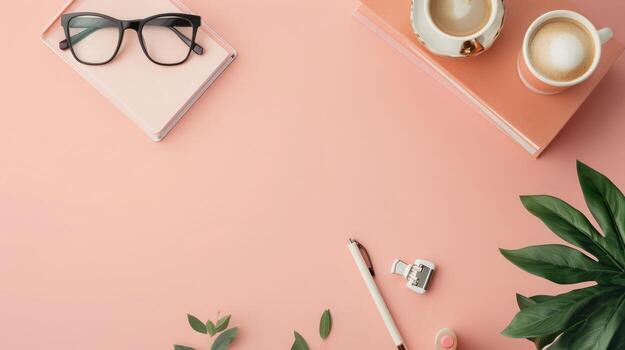 Modern desk organizer on a blush pink background with ample copyspace for creative projects photo