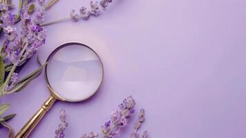 Light lavender background featuring an antique magnifying glass, perfect for copyspace photo